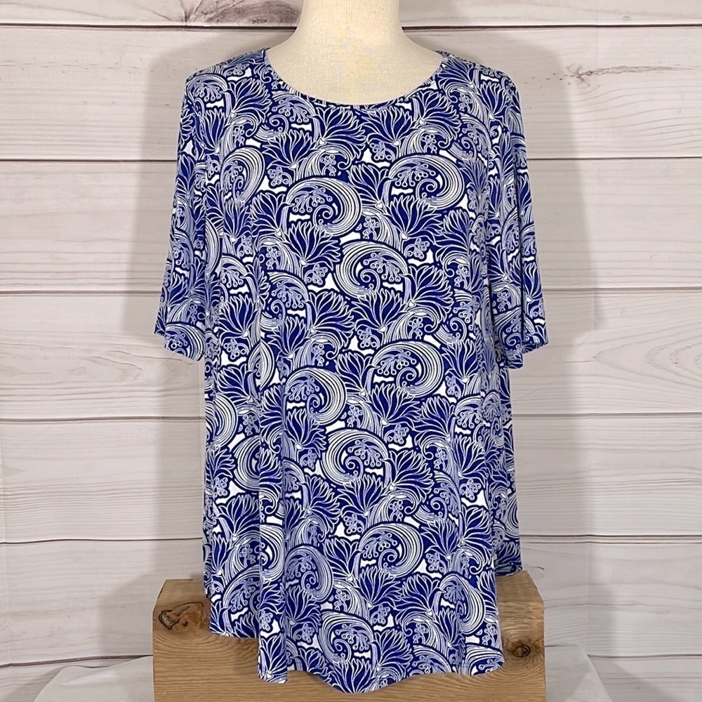 Chico's Corsican Blue Floral Blooms Knit Shirttail Top Size L/12/Chico's 2